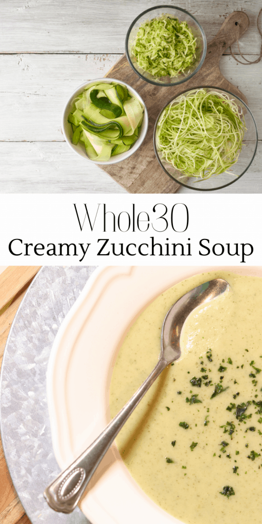 A Pinterest graphic for silky zucchini soup recipe. 