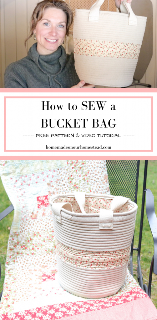 Pinterest graphic that contains two pictures of the linen bucket bag sitting on a beautiful handmade quilt.