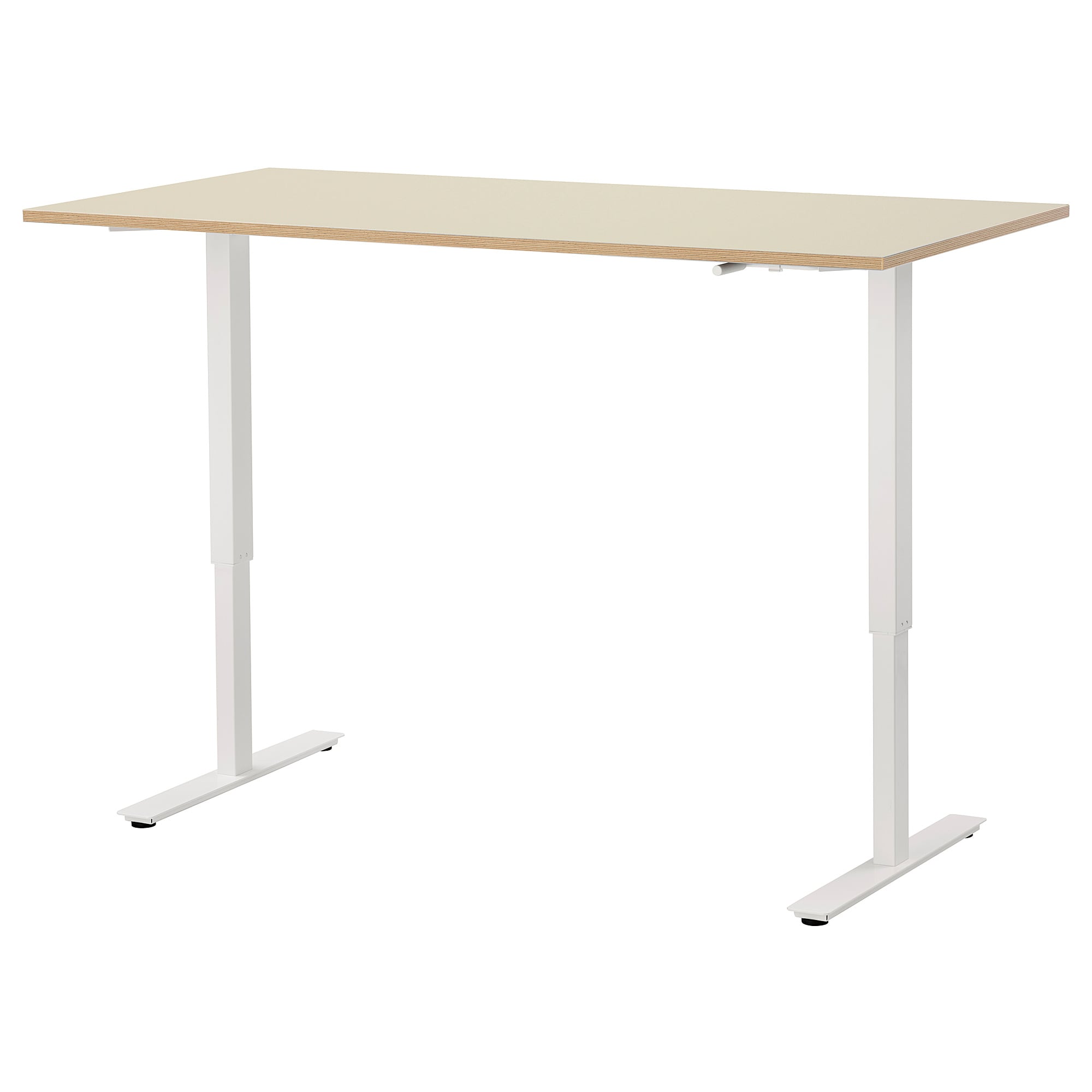 A picture of a height adjustable sewing table with white legs and a wooden table top.