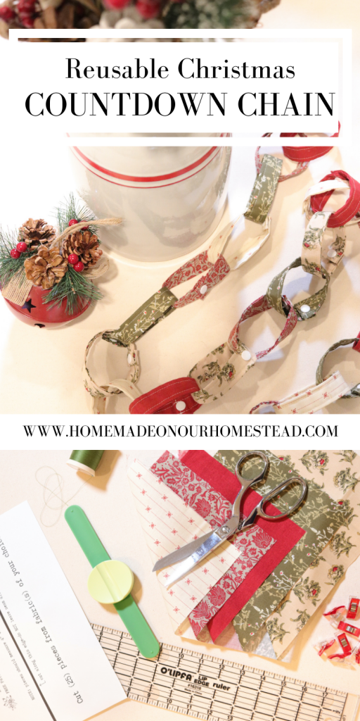 HOW TO MAKE A CHRISTMAS COUNTDOWN CHAIN | REUSABLE ADVENT CHAIN | HOMEMADE ON OUR HOMESTEAD #howtomakeachristmascountdownchain #reusableadventchain #countdowncalendarforkids #Adventcalendaridea #christmaschain #reusablechristmaschain #fabricadventchain #reusableadventcountdownchain #freechristmassewingpattern #easyadvetnchainproject