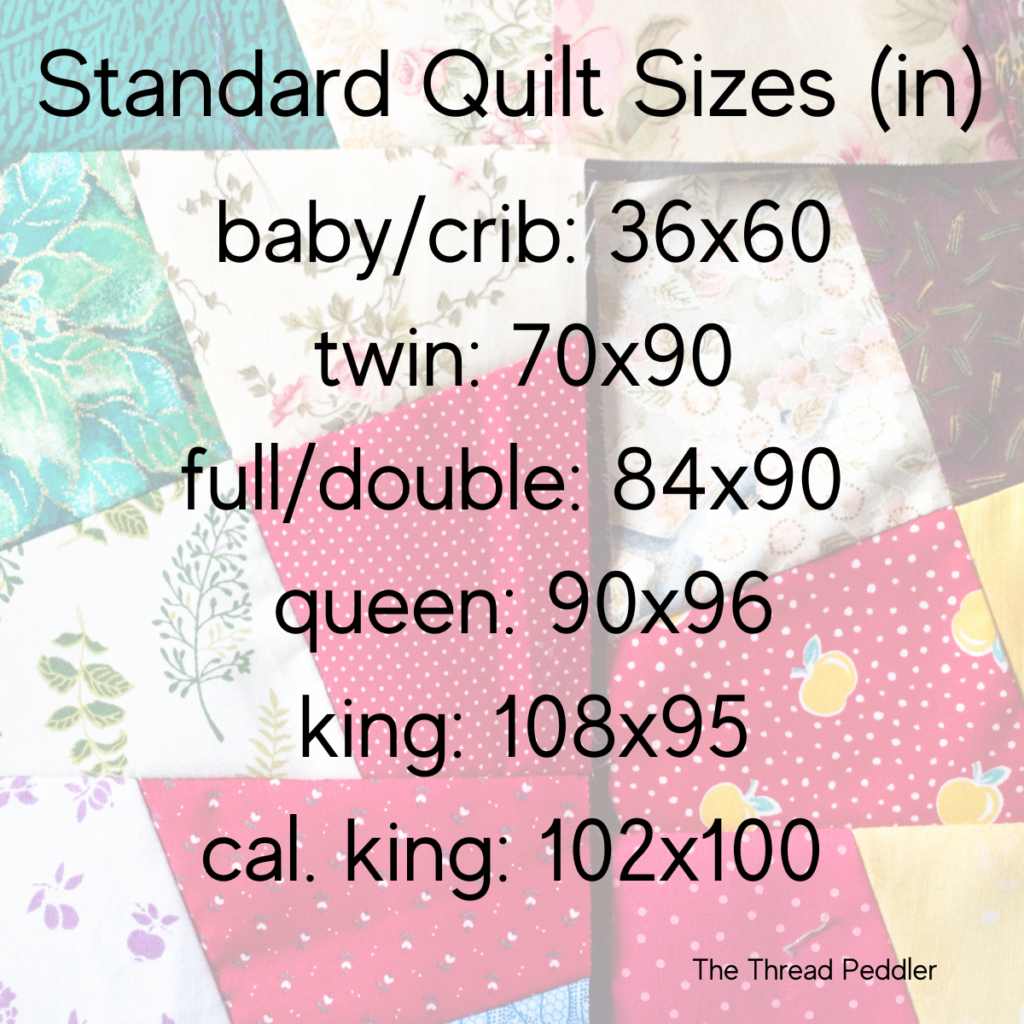 a faded quilt in the background of a quilt sizes guide in inches. Each quilt size is listed with dimensions.