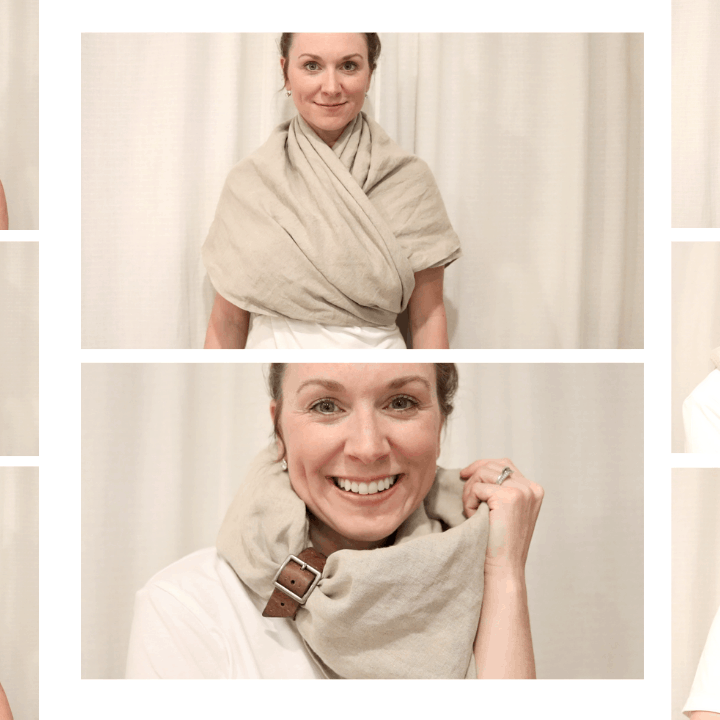 A woman wearing a white tee shirt is demonstrating how to wear her DIY fabric shawl. She is smiling while looking at the camera. Eight different styles of her wearing the shawl are being shown.