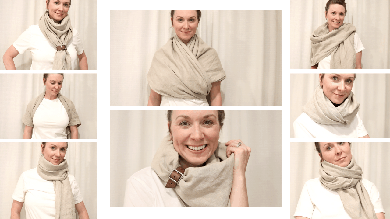 A woman wearing a white tee shirt is demonstrating how to wear her DIY fabric shawl. She is smiling while looking at the camera. Eight different styles of her wearing the shawl are being shown.