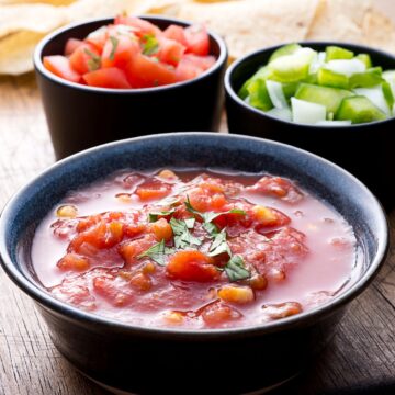 A black ceramic bowl filled with homemade salsa. A smaller dish of chopped jalapeños and tomatoes is behind.