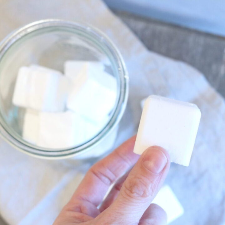A womans hand is holding onto a white square cube. The cube is a DIY toilet bowl tablet that was made of simple household ingredients.