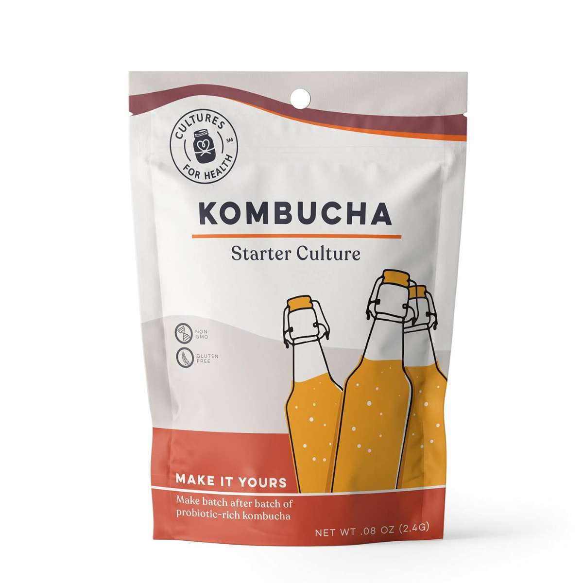 A package of kombucha starter culture. This is a dehydrated powdered kombucha scoby.