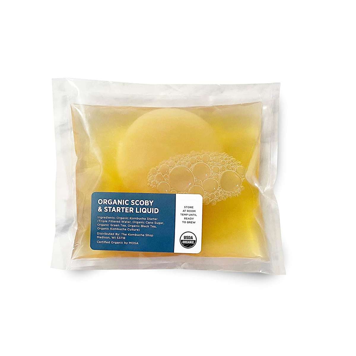 A picture of a healthy kombucha scoby packaged in starter liquid. Packaged scoby can be used in place of making your own scoby from scratch and can be purchased online.