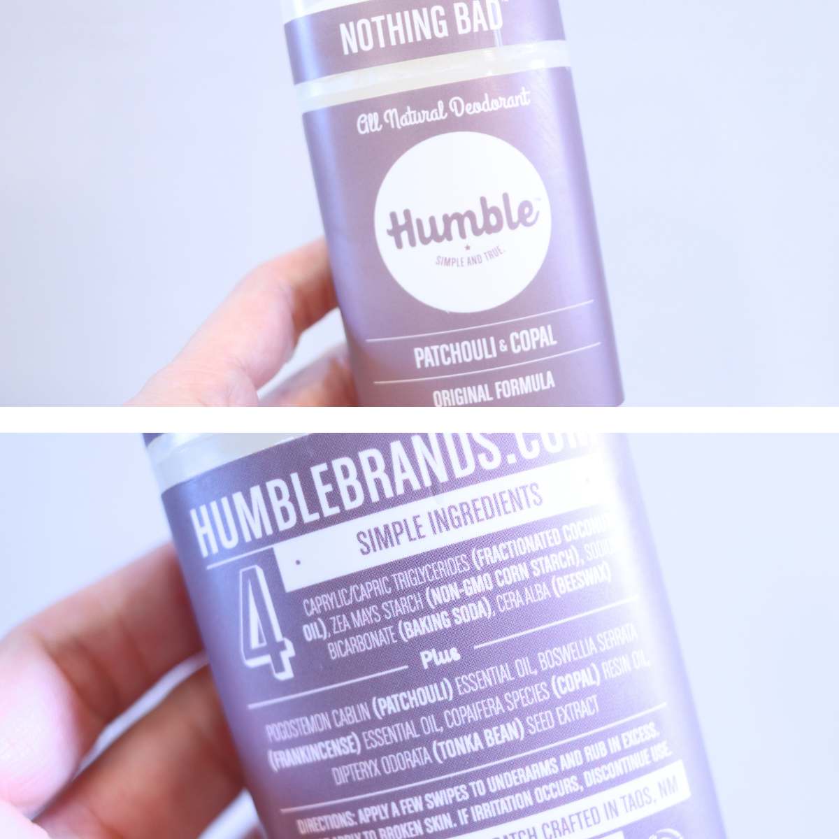 A stick of Humble brand natural store-bought Deodorant with no harmful ingredients. A woman is holding the stick so you can see the front of the package and the back to read the ingredients. 