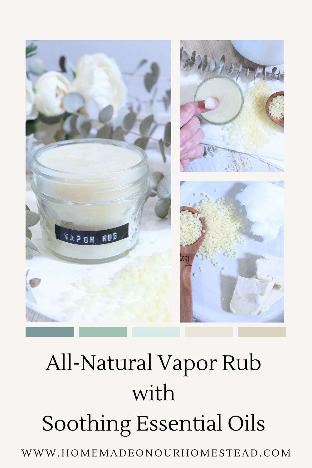 A three picture Pinterest graphic for all-natural vapor rub with soothing essential oils recipe. 