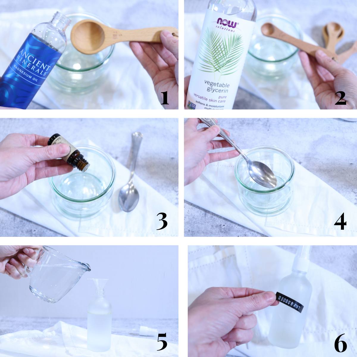 A graphic demonstrating how to make magnesium deodorant spray step by step with pictures. There are six images in the graphic, each image is showing the steps to making a DIY deodorant spray.