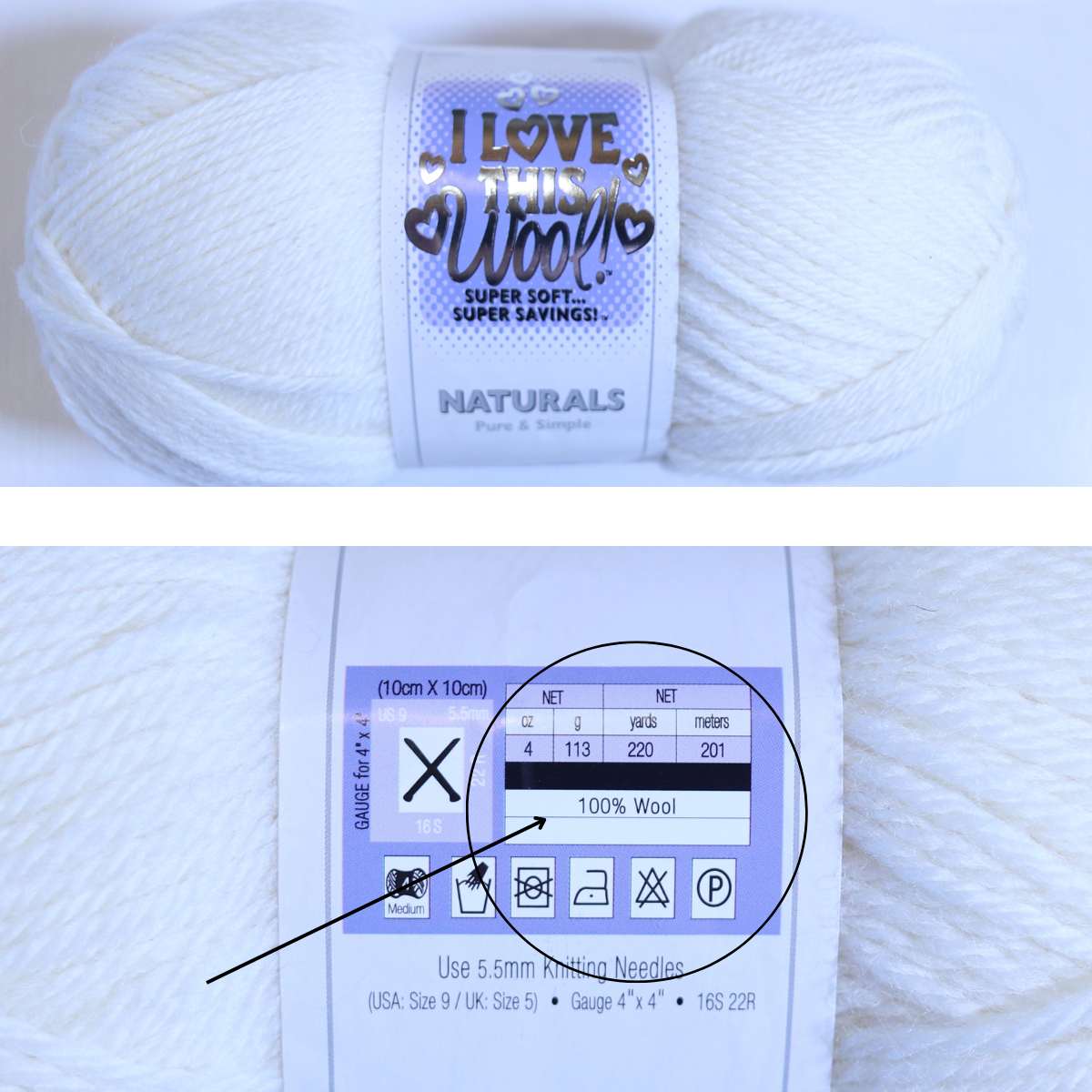 A split photo of a 100% wool yarn. The top photograph shows the front of the yarn label whereas the bottom photo has a circle around the yarn fiber information and where to look on a yarn label.